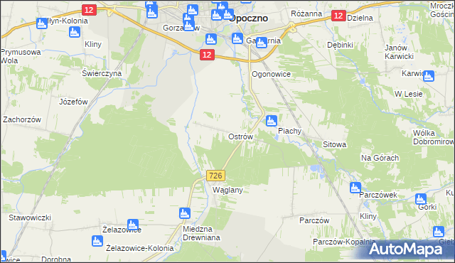 mapa Ostrów gmina Opoczno, Ostrów gmina Opoczno na mapie Targeo