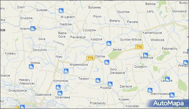 mapa Ostrów gmina Proszowice, Ostrów gmina Proszowice na mapie Targeo