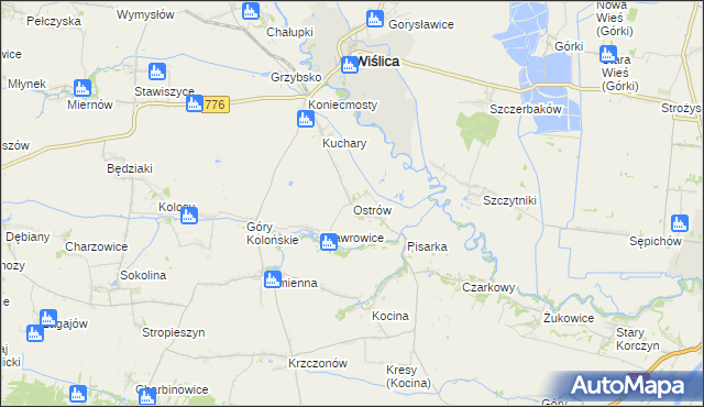 mapa Ostrów gmina Wiślica, Ostrów gmina Wiślica na mapie Targeo