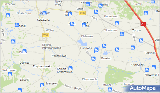 mapa Ostrowąs gmina Aleksandrów Kujawski, Ostrowąs gmina Aleksandrów Kujawski na mapie Targeo