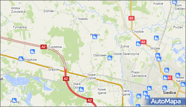 mapa Ostrówek gmina Siedlce, Ostrówek gmina Siedlce na mapie Targeo