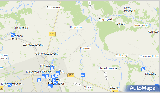 mapa Ostrowie gmina Dąbrowa Białostocka, Ostrowie gmina Dąbrowa Białostocka na mapie Targeo