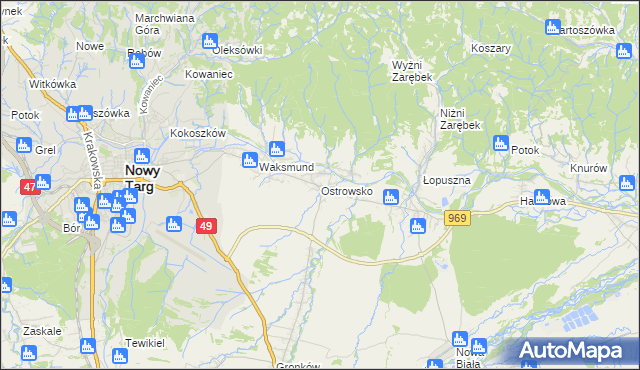 mapa Ostrowsko gmina Nowy Targ, Ostrowsko gmina Nowy Targ na mapie Targeo