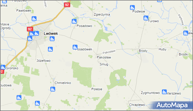 mapa Pakosław gmina Lwówek, Pakosław gmina Lwówek na mapie Targeo