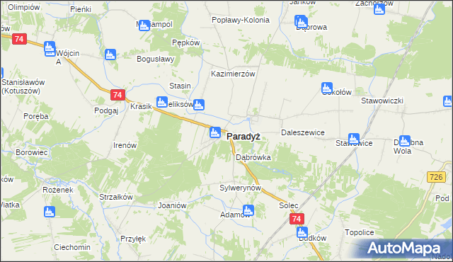 mapa Paradyż powiat opoczyński, Paradyż powiat opoczyński na mapie Targeo