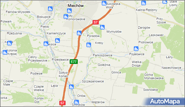 mapa Parkoszowice gmina Miechów, Parkoszowice gmina Miechów na mapie Targeo