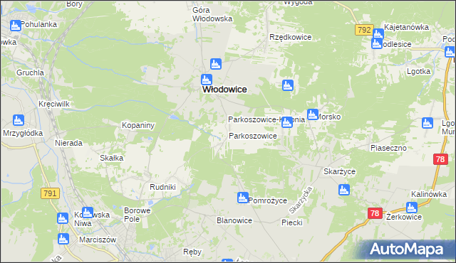 mapa Parkoszowice gmina Włodowice, Parkoszowice gmina Włodowice na mapie Targeo