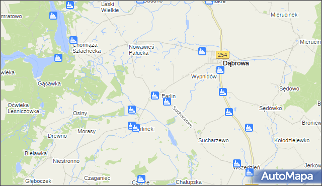 mapa Parlin gmina Dąbrowa, Parlin gmina Dąbrowa na mapie Targeo