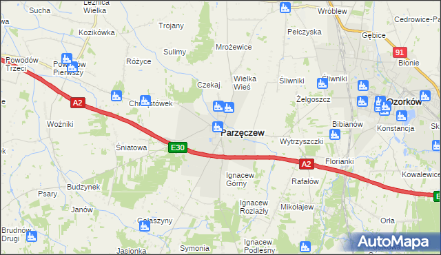 mapa Parzęczew powiat zgierski, Parzęczew powiat zgierski na mapie Targeo