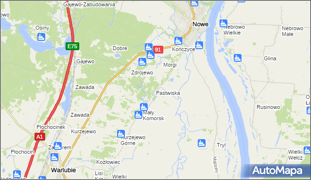 mapa Pastwiska gmina Nowe, Pastwiska gmina Nowe na mapie Targeo