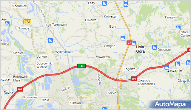 mapa Pawęzów gmina Lisia Góra, Pawęzów gmina Lisia Góra na mapie Targeo