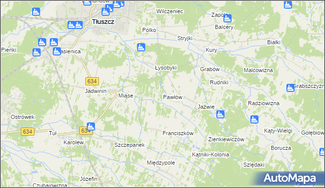 mapa Pawłów gmina Tłuszcz, Pawłów gmina Tłuszcz na mapie Targeo
