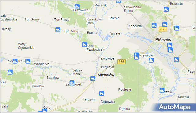 mapa Pawłowice gmina Michałów, Pawłowice gmina Michałów na mapie Targeo