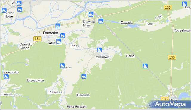 mapa Pęckowo gmina Drawsko, Pęckowo gmina Drawsko na mapie Targeo