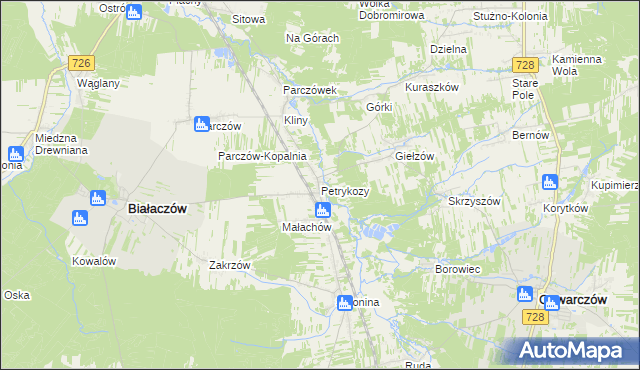 mapa Petrykozy gmina Białaczów, Petrykozy gmina Białaczów na mapie Targeo