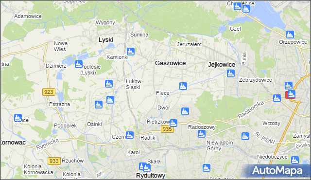 mapa Piece gmina Gaszowice, Piece gmina Gaszowice na mapie Targeo