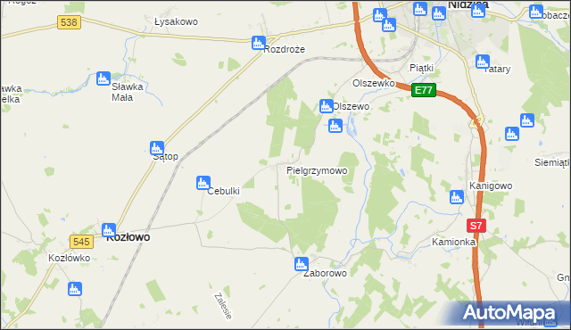 mapa Pielgrzymowo gmina Kozłowo, Pielgrzymowo gmina Kozłowo na mapie Targeo