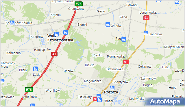 mapa Pieńki gmina Rozprza, Pieńki gmina Rozprza na mapie Targeo