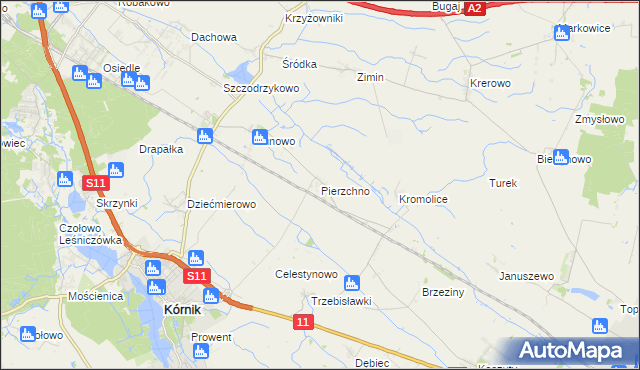 mapa Pierzchno gmina Kórnik, Pierzchno gmina Kórnik na mapie Targeo