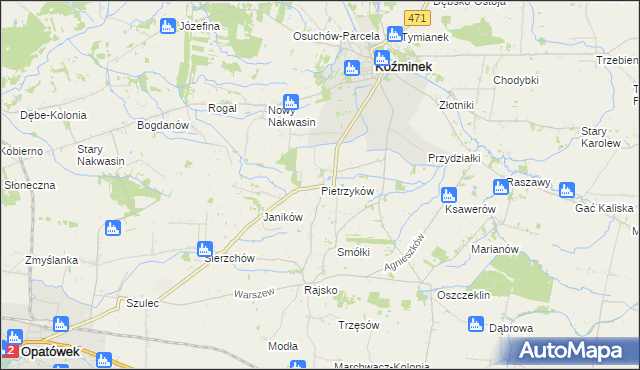 mapa Pietrzyków gmina Koźminek, Pietrzyków gmina Koźminek na mapie Targeo