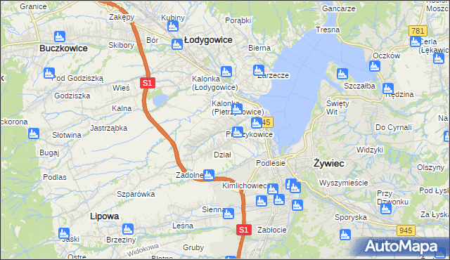 mapa Pietrzykowice gmina Łodygowice, Pietrzykowice gmina Łodygowice na mapie Targeo