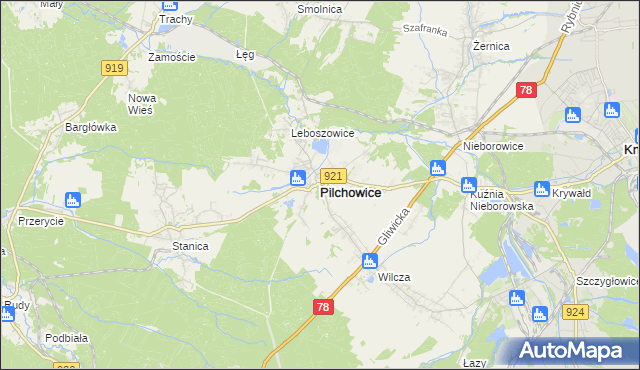 mapa Pilchowice powiat gliwicki, Pilchowice powiat gliwicki na mapie Targeo