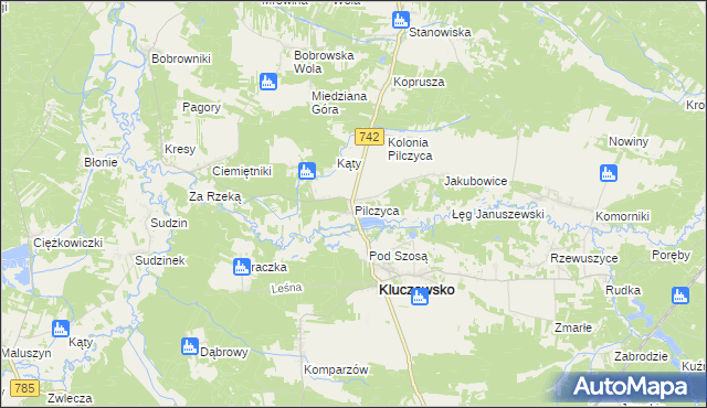 mapa Pilczyca gmina Kluczewsko, Pilczyca gmina Kluczewsko na mapie Targeo