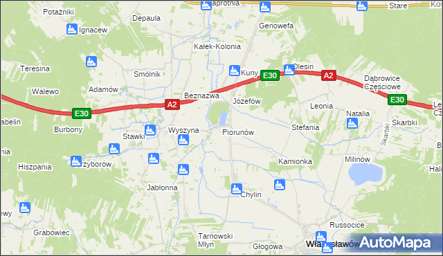 mapa Piorunów gmina Władysławów, Piorunów gmina Władysławów na mapie Targeo