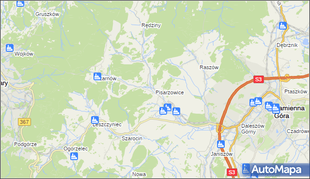 mapa Pisarzowice gmina Kamienna Góra, Pisarzowice gmina Kamienna Góra na mapie Targeo