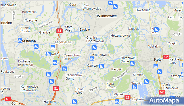 mapa Pisarzowice gmina Wilamowice, Pisarzowice gmina Wilamowice na mapie Targeo