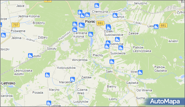 mapa Płachty gmina Pionki, Płachty gmina Pionki na mapie Targeo