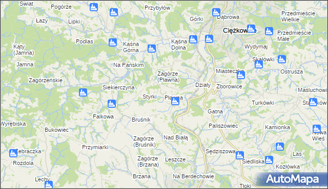 mapa Pławna gmina Ciężkowice, Pławna gmina Ciężkowice na mapie Targeo