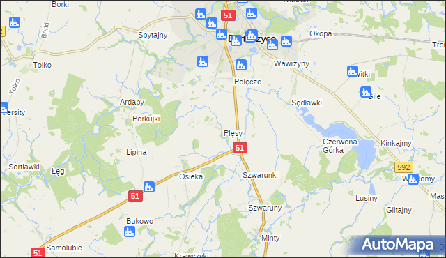 mapa Plęsy gmina Bartoszyce, Plęsy gmina Bartoszyce na mapie Targeo