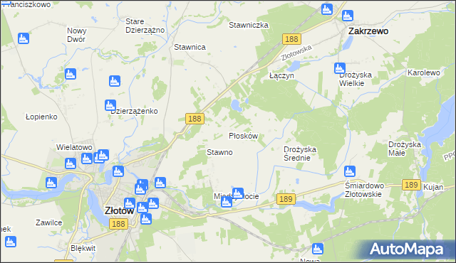 mapa Płosków gmina Złotów, Płosków gmina Złotów na mapie Targeo