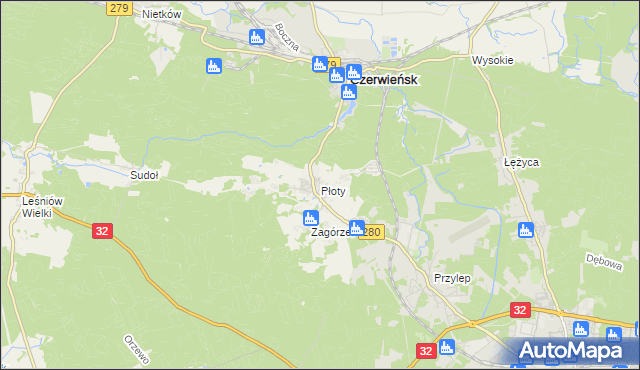 mapa Płoty gmina Czerwieńsk, Płoty gmina Czerwieńsk na mapie Targeo