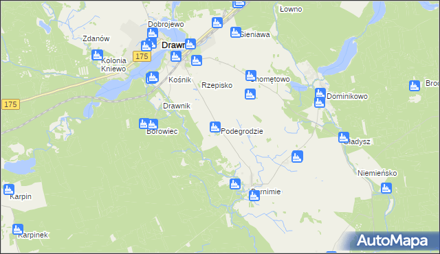 mapa Podegrodzie gmina Drawno, Podegrodzie gmina Drawno na mapie Targeo