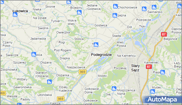 mapa Podegrodzie powiat nowosądecki, Podegrodzie powiat nowosądecki na mapie Targeo