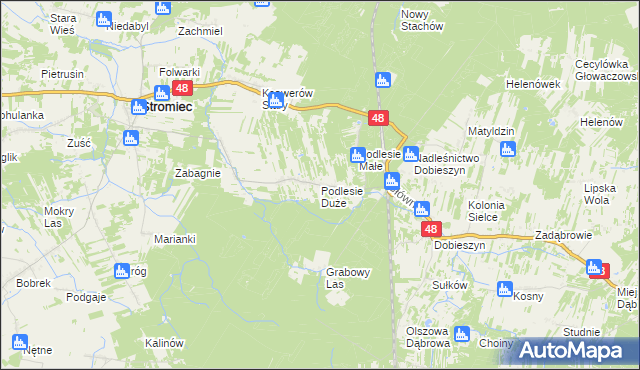 mapa Podlesie Duże gmina Stromiec, Podlesie Duże gmina Stromiec na mapie Targeo