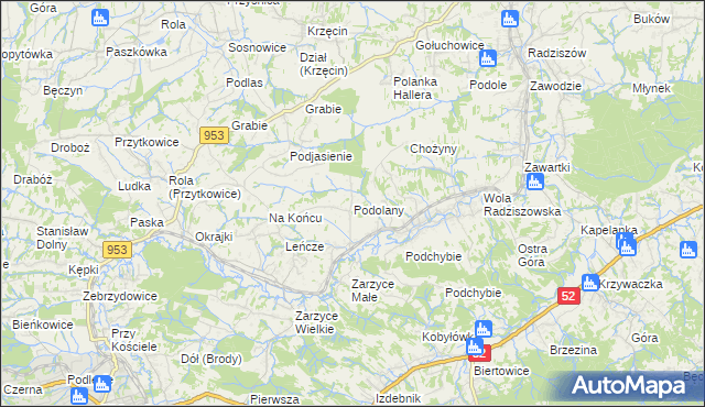 mapa Podolany gmina Kalwaria Zebrzydowska, Podolany gmina Kalwaria Zebrzydowska na mapie Targeo