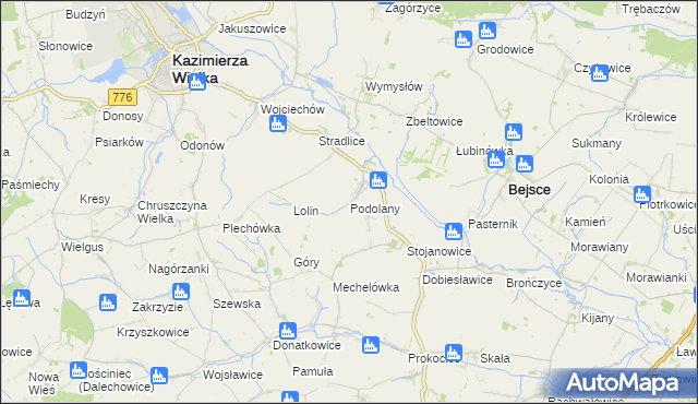 mapa Podolany gmina Kazimierza Wielka, Podolany gmina Kazimierza Wielka na mapie Targeo