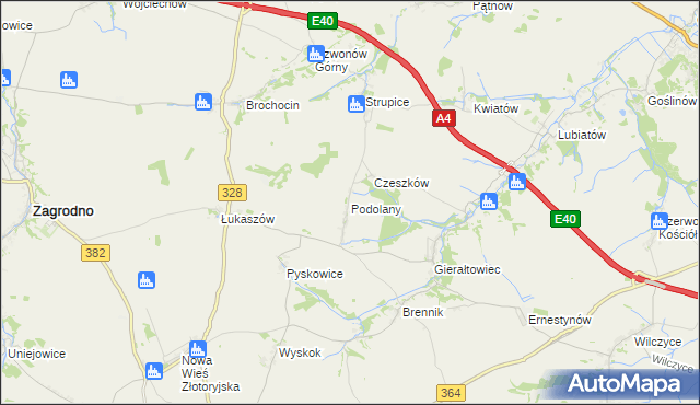 mapa Podolany gmina Złotoryja, Podolany gmina Złotoryja na mapie Targeo