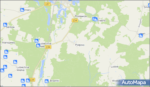 mapa Połęcko gmina Ośno Lubuskie, Połęcko gmina Ośno Lubuskie na mapie Targeo