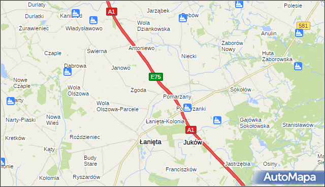 mapa Pomarzany gmina Łanięta, Pomarzany gmina Łanięta na mapie Targeo