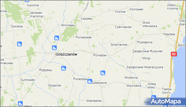 mapa Poniatów gmina Goszczanów, Poniatów gmina Goszczanów na mapie Targeo