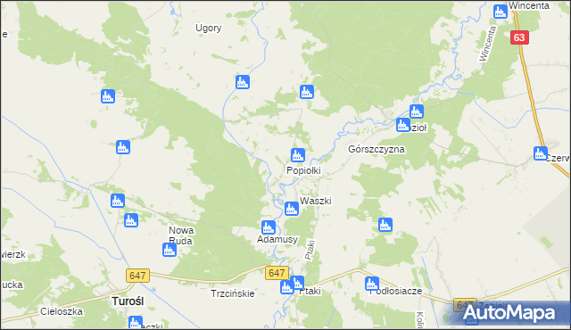 mapa Popiołki gmina Turośl, Popiołki gmina Turośl na mapie Targeo