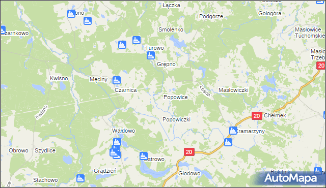 mapa Popowice gmina Miastko, Popowice gmina Miastko na mapie Targeo