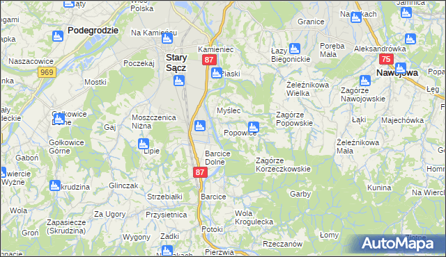 mapa Popowice gmina Stary Sącz, Popowice gmina Stary Sącz na mapie Targeo