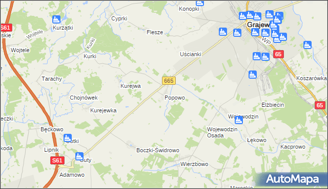 mapa Popowo gmina Grajewo, Popowo gmina Grajewo na mapie Targeo