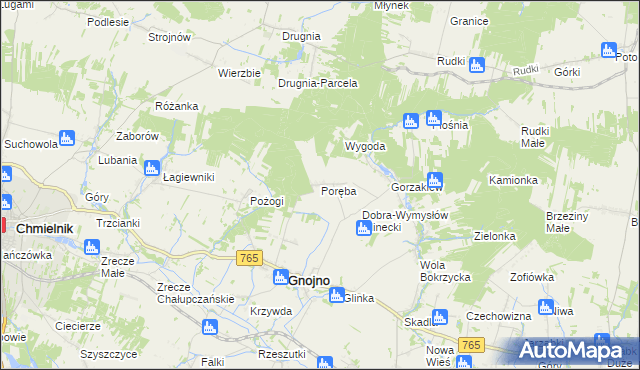 mapa Poręba gmina Gnojno, Poręba gmina Gnojno na mapie Targeo