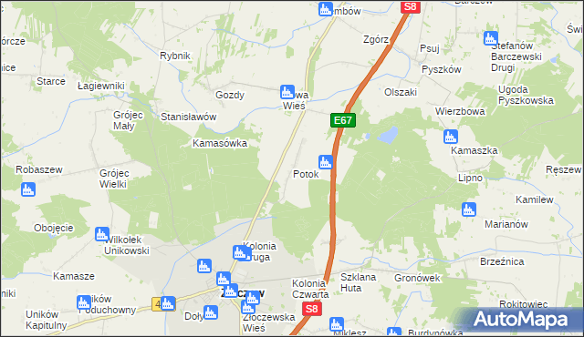 mapa Potok gmina Złoczew, Potok gmina Złoczew na mapie Targeo